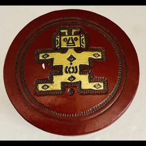 ❤️SOLD❤️Colombia Tooled Leather Coasters & Holder- Incan Mayan Native Design